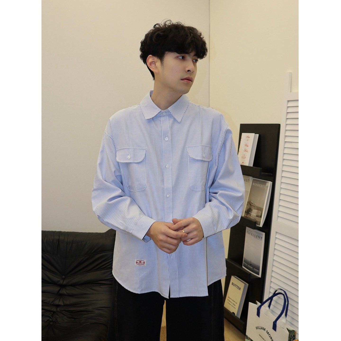 盐系男友风复古高级感条纹长袖衬衫男春秋季美式休闲工装内搭衬衣,男装,衬衫,淘宝优惠券,粉丝福利购,淘宝优惠卷