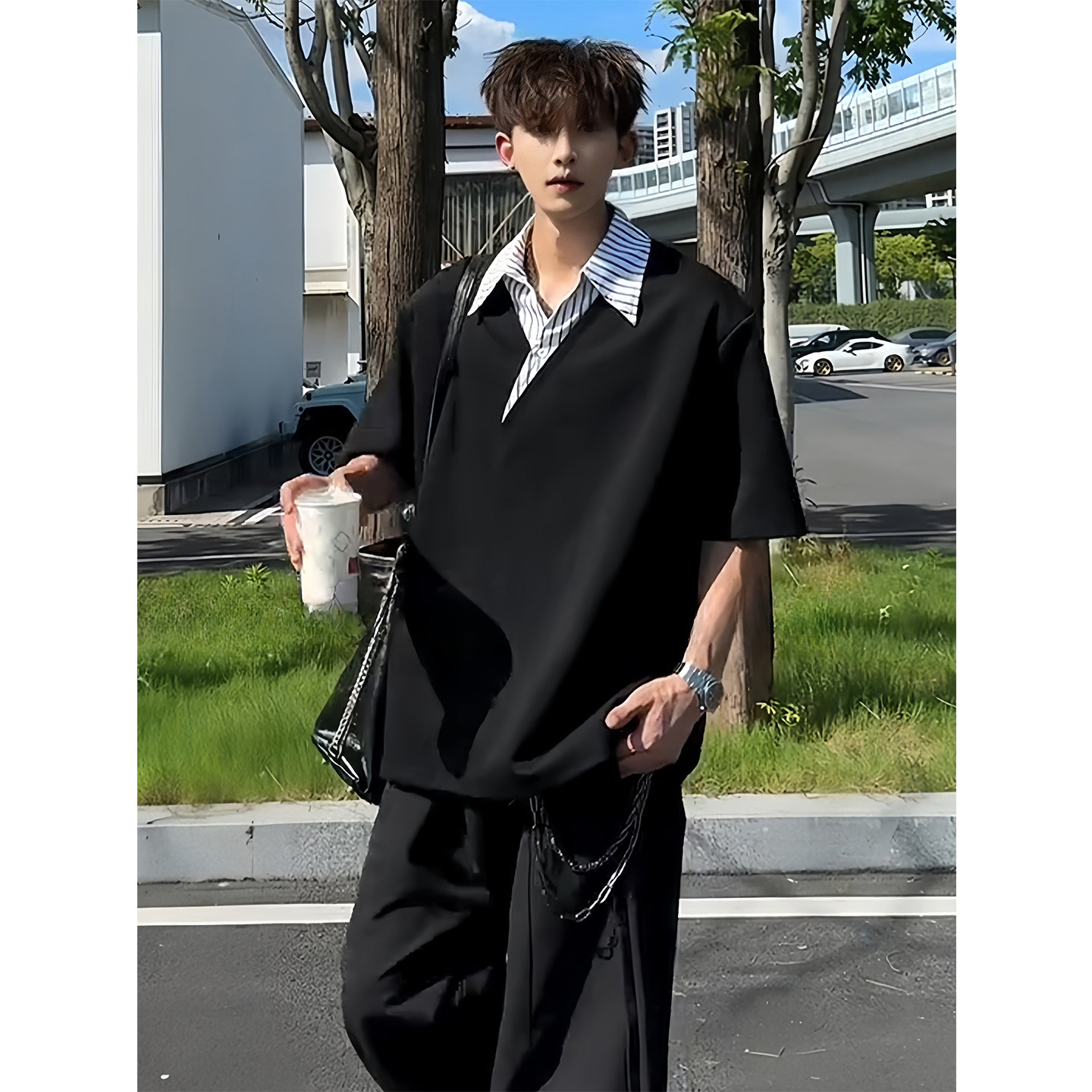 美式交叉条纹衬衫领假两件短袖t恤男款夏季设计感宽松半截袖上衣图片
