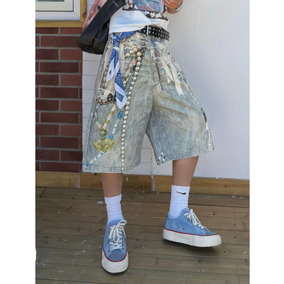 亚比高街风珍珠项链3D数码印花七分牛仔裤男女复古小众阔腿短裤子