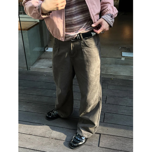 美式复古百搭通勤水洗做旧结构直筒拖地牛仔裤男春季新款宽松长裤