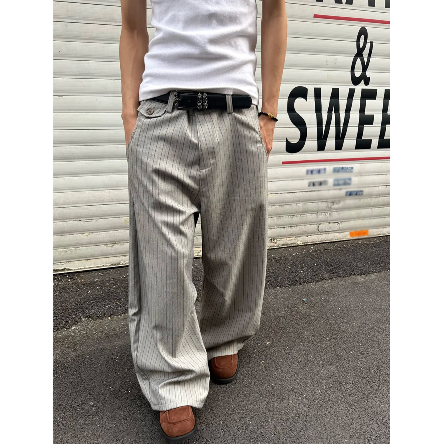 美式复古通勤高智老钱风条纹西裤男女宽松垂感百搭弯刀休闲西装裤,男装,西裤,淘宝优惠券,粉丝福利购,淘宝优惠卷