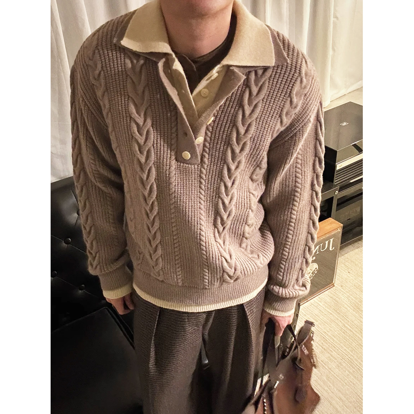 麦穗绞花半纽扣假两件翻领毛衣男秋冬季老钱风穿搭美式复古针织衫