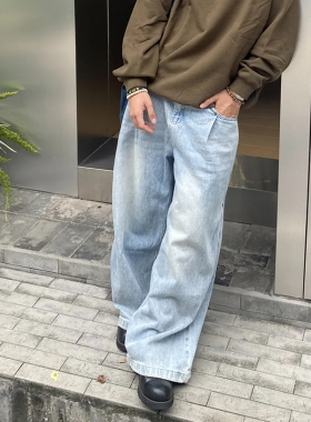 美式复古baggy宽松水洗做旧牛仔裤男女休闲直筒口袋双褶阔腿长裤