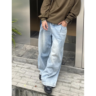 男女休闲直筒口袋双褶阔腿长裤 美式 复古baggy宽松水洗做旧牛仔裤