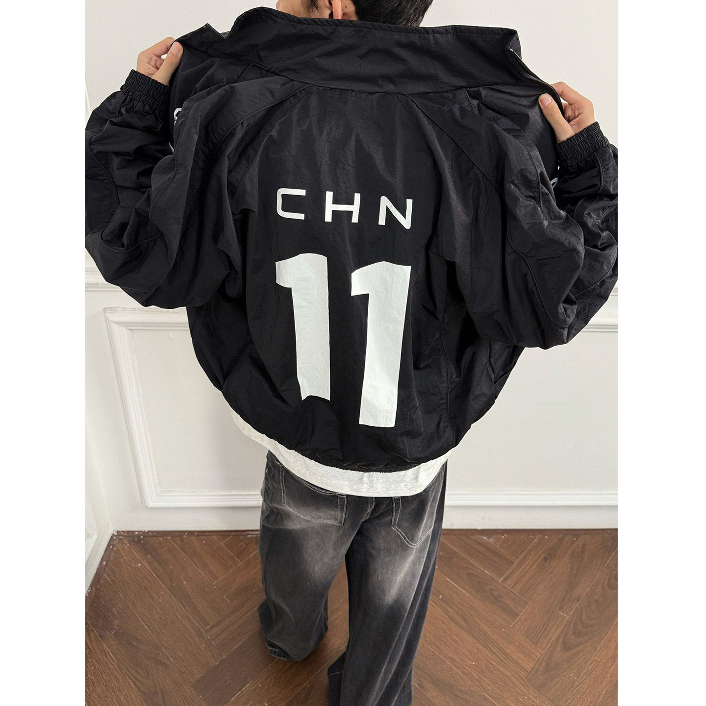 美式运动黑色赛车服夹克男女宽松休闲潮牌字母印花立领冲锋衣外套