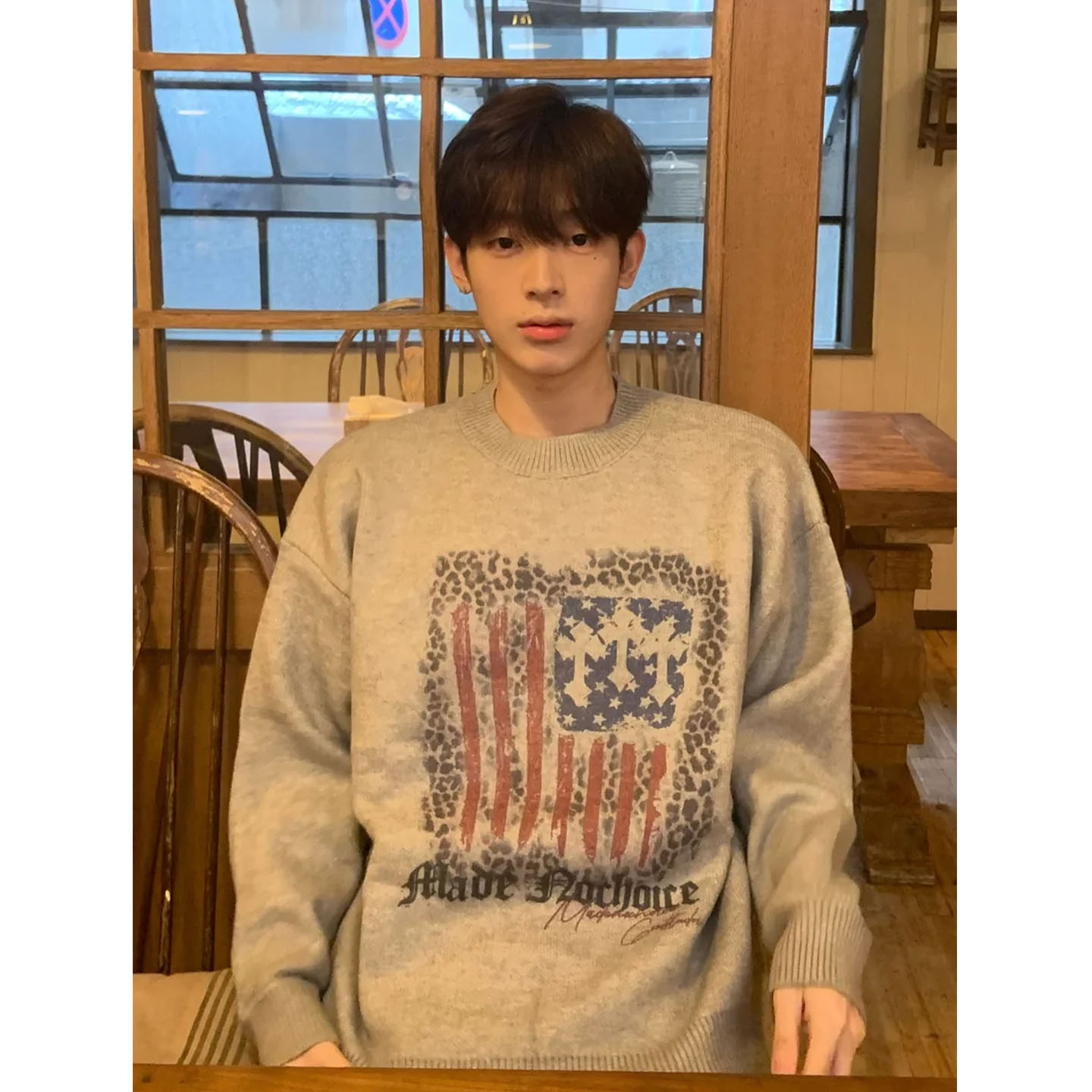 国潮美式复古豹纹旗帜印花针织衫男女同款秋冬季慵懒风宽松毛线衣