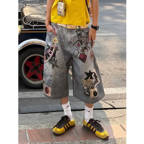 美式街头3D打印涂鸦设计感牛仔七分裤男女款宽松夏季做旧阔腿短裤