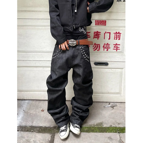 cleanfit窄版合身微喇堆积感街头风牛仔裤男美式小众铆钉阔腿裤子