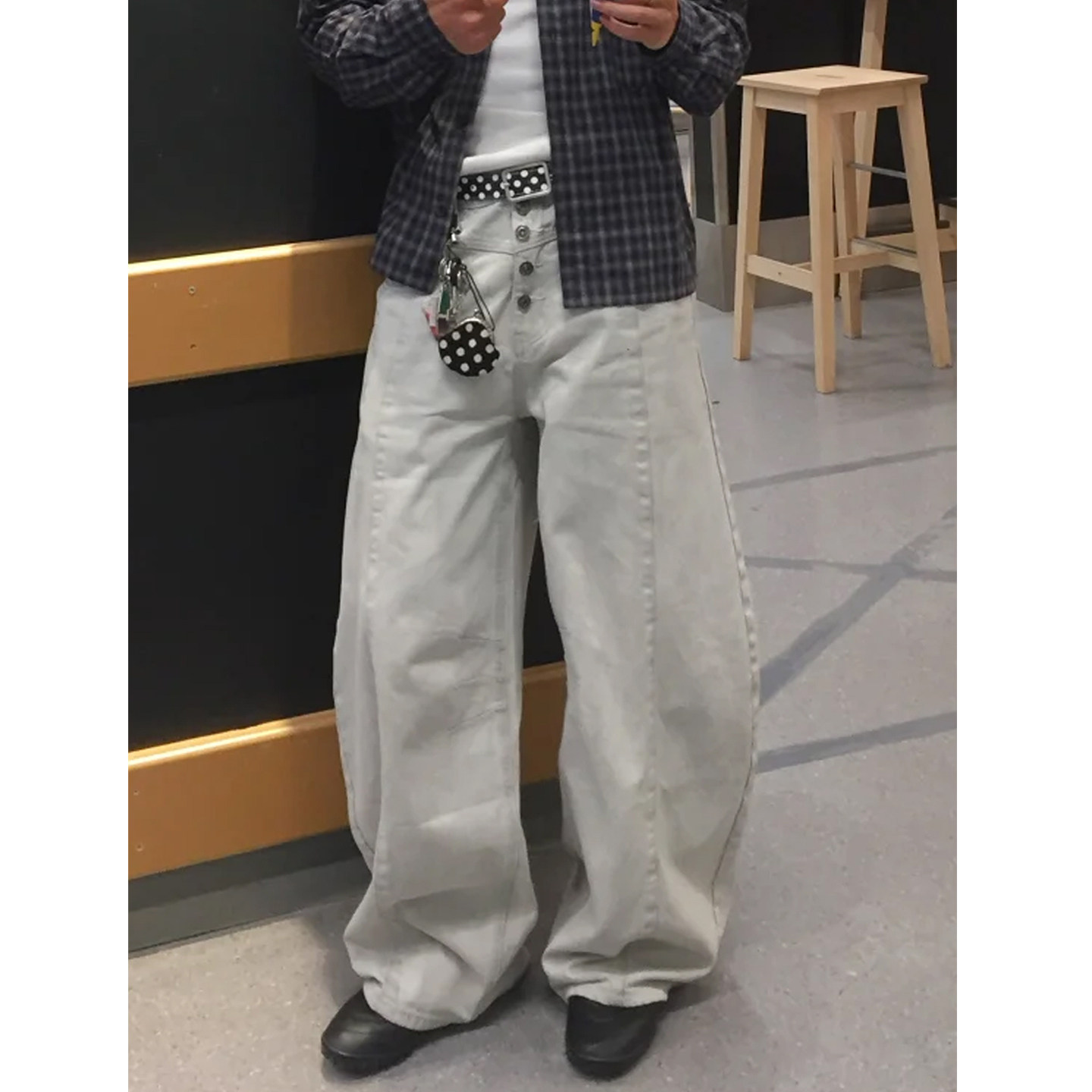 压褶解构弯刀排扣设计感阔腿牛仔裤男cleanfit美式宽松拖地长裤子