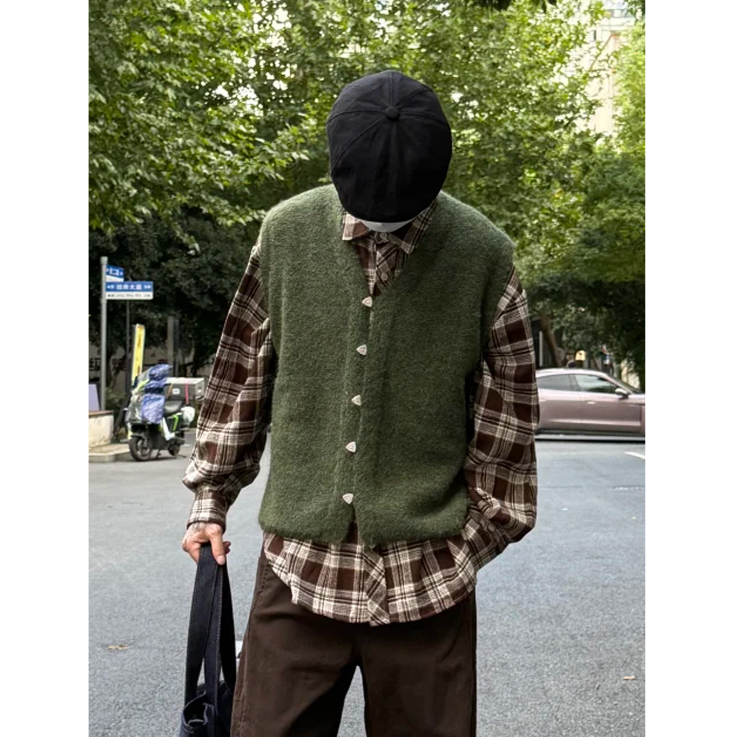 日系复古排扣V领背心毛衣男春秋无袖叠穿感宽松休闲外搭针织马甲