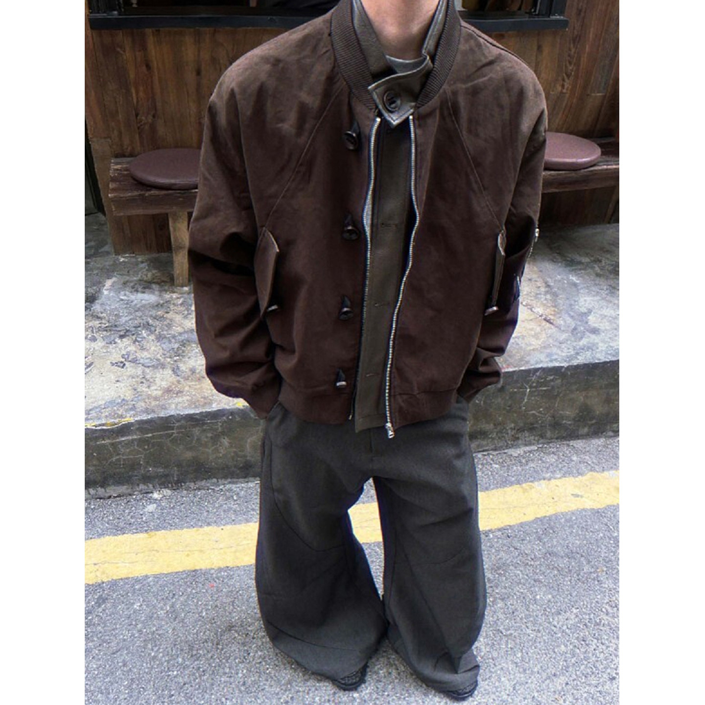 PU皮拼接立领飞行员夹克男早春穿搭美式复古boxy痞帅宽松工装外套