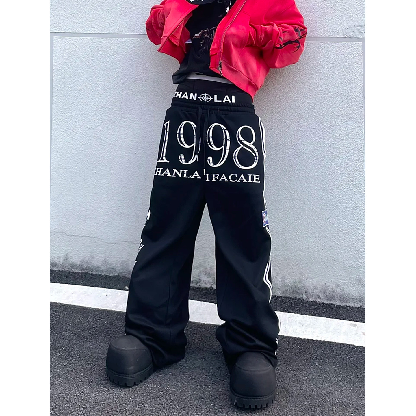 西海岸穿搭双腰头印花拼接休闲裤男女嘻哈美式街头baggy宽松卫裤