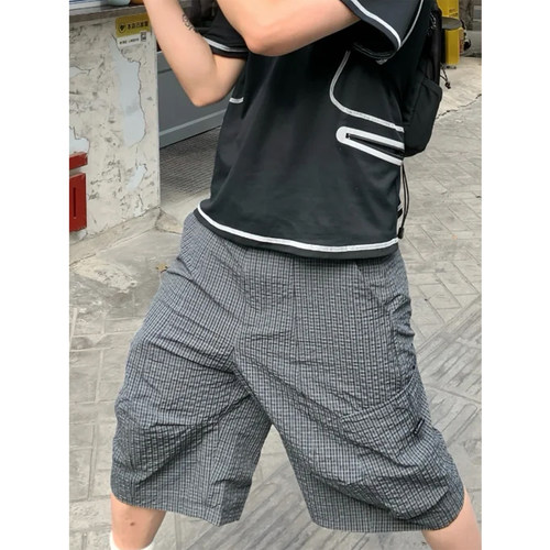 泡泡纱肌理感宽松阔腿造型感短裤男轻薄速干夏季直筒七分休闲裤子