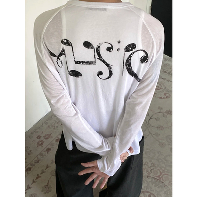 夏秋季宽松微透薄款长袖防晒罩衫T恤男女休闲美式音符印花打底衫