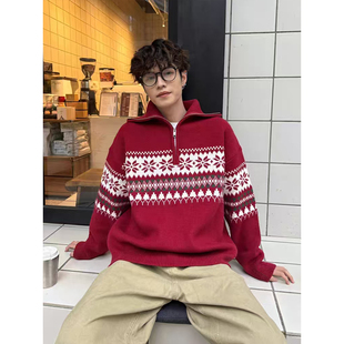 针织衫 红色圣诞费尔岛半拉链高领套头毛衣男女款 新年穿搭宽松美式