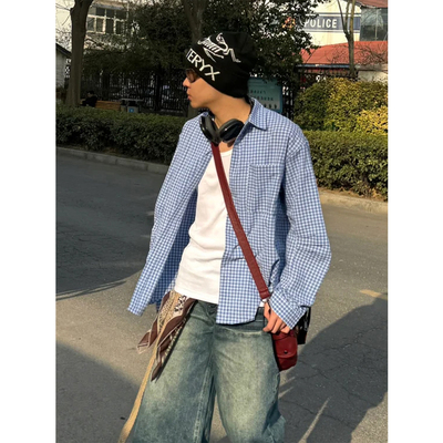 外穿防晒格子衬衫男女夏季长袖宽松休闲外套美式复古慵懒蓝色衬衣