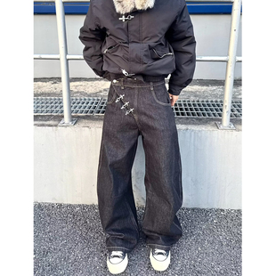 男女baggy飞机扣原牛阔腿宽松休闲裤 型牛仔裤 嘻哈复古弯刀版 美式