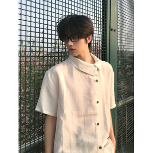 小众多形态穿搭短袖衬衫男新款斜襟不规则设计感宽松cleanfit衬衣