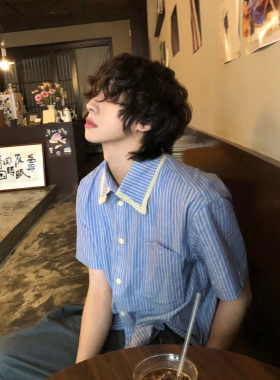 蓝色老钱系列短袖条纹衬衫男夏季拼接廓形松弛感宽松休闲翻领衬衣