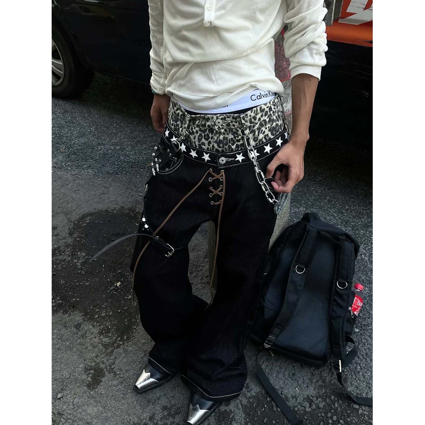 亚比风格穿搭假两件豹纹双腰头牛仔裤男女直筒嘻哈痞帅街头弯刀裤