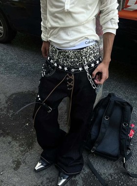 亚比风格穿搭假两件豹纹双腰头牛仔裤男女直筒嘻哈痞帅街头弯刀裤