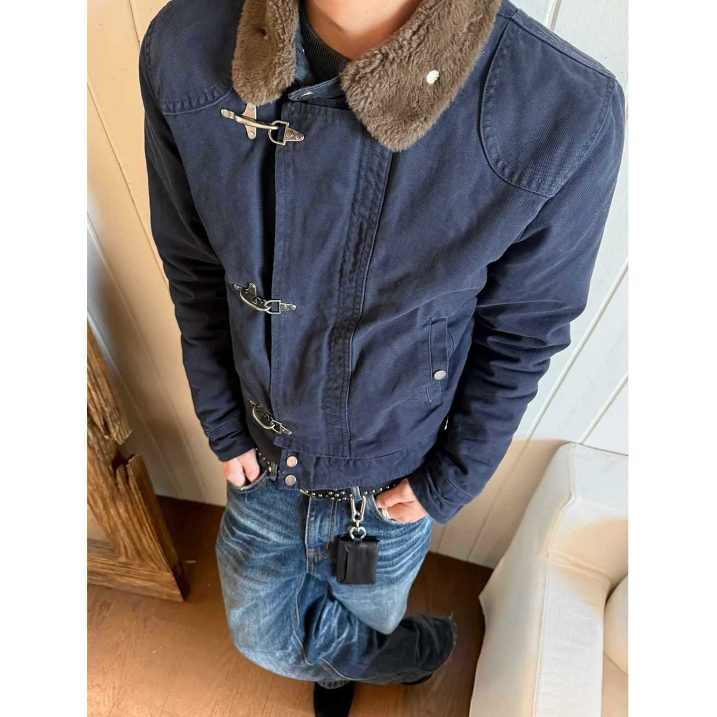 水洗帆布工装棉服男冬季美式复古高街小众解构保暖宽松飞机扣外套