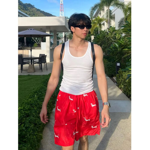 美式腊肠狗印花抽绳松紧腰五分裤男夏季宽松休闲凉感沙滩运动短裤