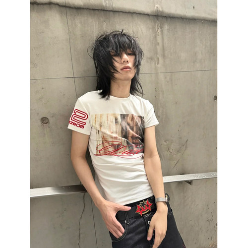 yk2轻亚千禧风格人像印花短袖t恤男女夏季美式正肩半截袖上衣潮流