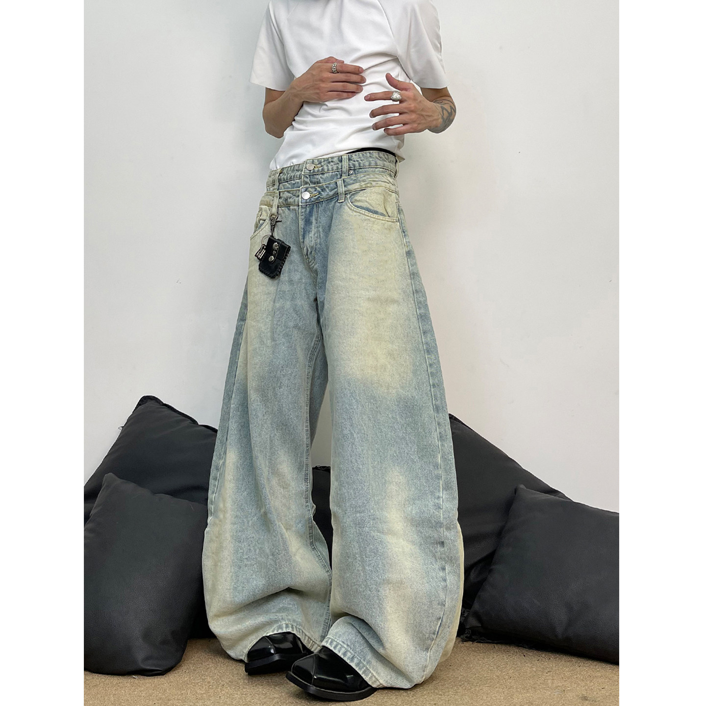 小众松弛感浅色系双腰头弯刀牛仔裤男款宽松休闲美式做旧阔腿长裤