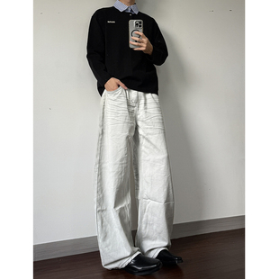 美式复古水洗脏旧白猫须弯刀牛仔裤男街头宽松百搭堆积感阔腿裤子