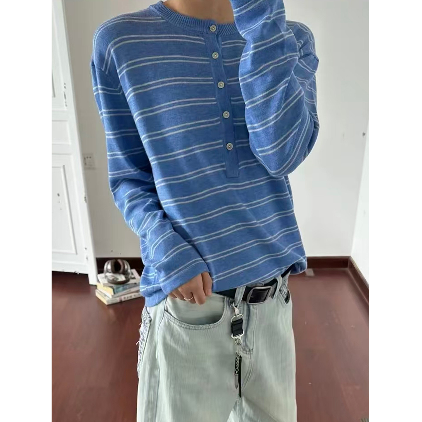 松弛感简约蓝白条纹亨利领针织毛衣男秋冬季宽松内搭休闲长袖上衣
