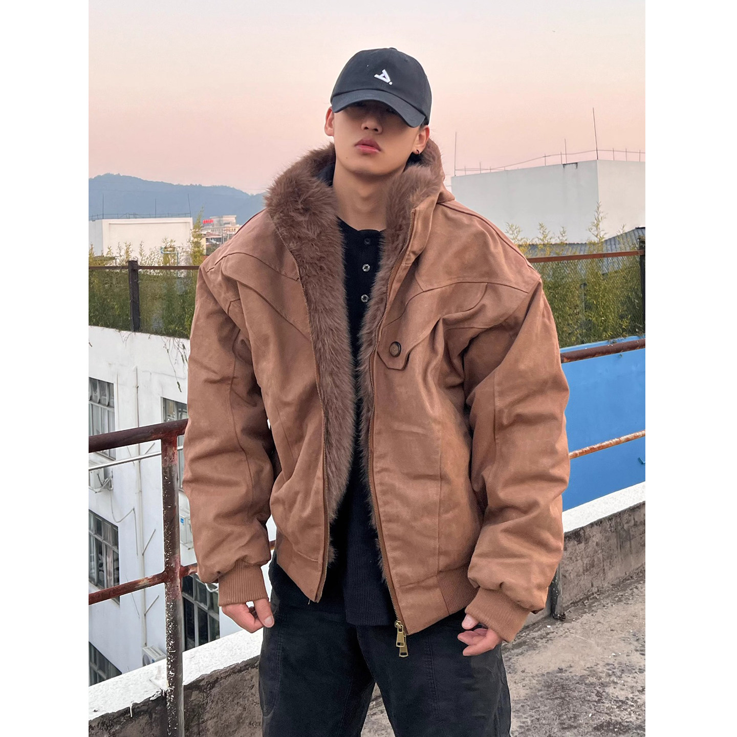 潮牌美式座山雕短款连帽棉服男冬季宽松廓形解构保暖加厚夹克外套