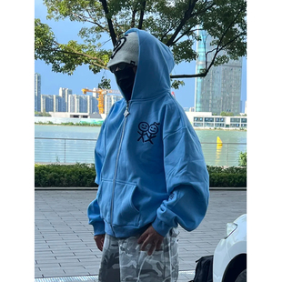 新款蓝色火柴人刺绣连帽卫衣开衫外套男女秋冬季情侣宽松拉链上衣