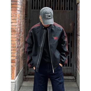 「撞色皮革」立领条纹机车皮衣夹克男春季复古美式潮牌硬汉风外套