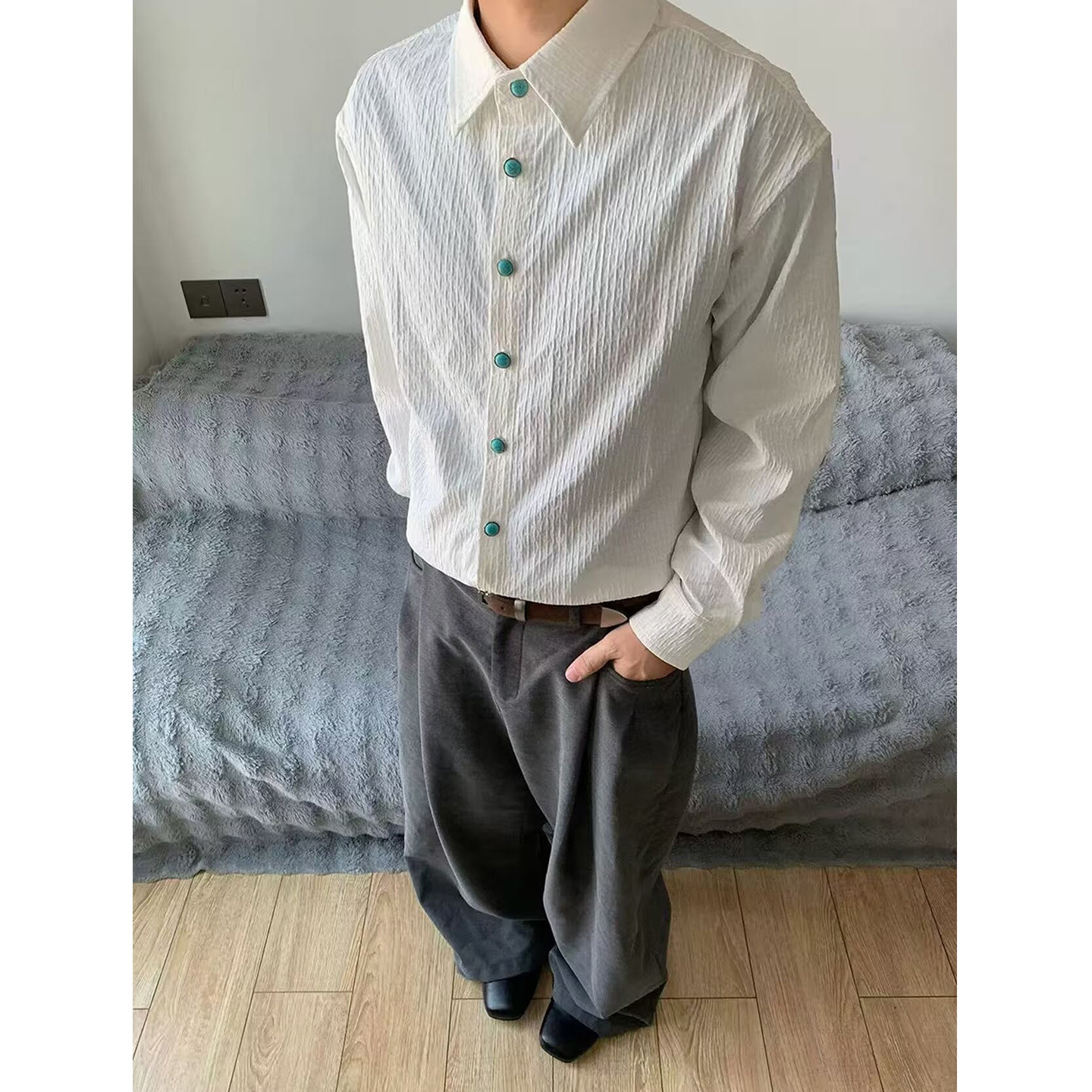 海洋之泪老钱绿松石褶皱长袖衬衫男女cleanfit痞帅肌理感宽松外套图片
