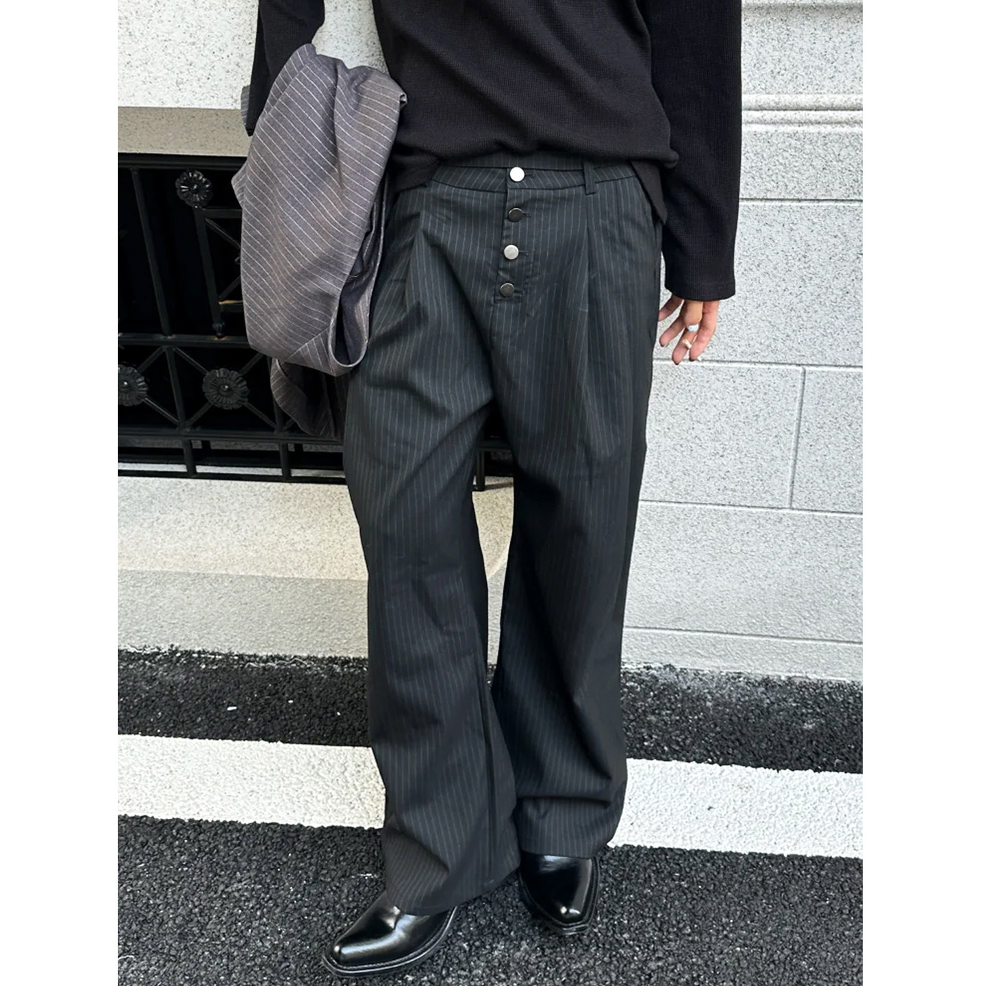 美式cleanfit褶皱条纹休闲裤男女排扣设计百搭直筒宽松阔腿西装裤