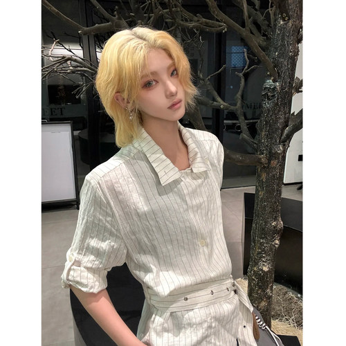 无性别裁片调节袖条纹短袖衬衫男女夏季新贵风腰带薄款慵懒风外套