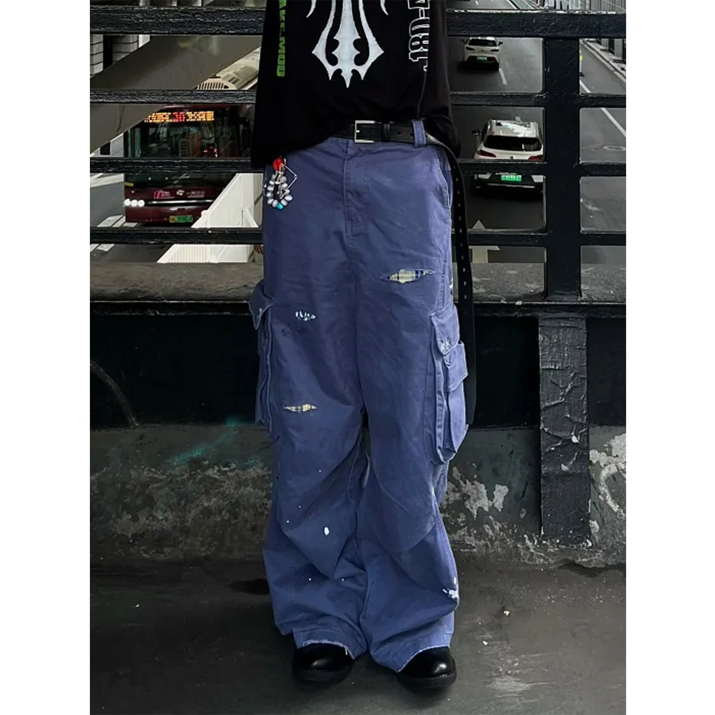 法工蓝水洗做旧格纹贴布工装裤男款宽松阔腿baggy泼墨重磅休闲裤,男装,休闲裤,淘宝优惠券,粉丝福利购,淘宝优惠卷