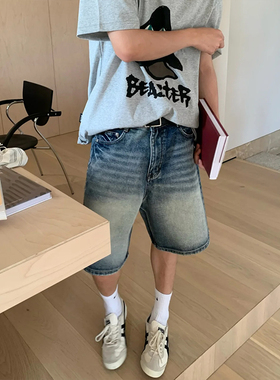 2025夏新款美式复古水洗做旧牛仔短裤男女cleanfit休闲阔腿五分裤