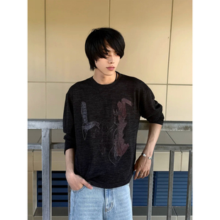 小众作曲家涂鸦印花夏日轻薄透气圆领防晒打底T恤衫男女宽松长袖