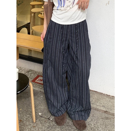 慵懒风间色条纹打褶系带阔腿休闲裤男女款复古美式松弛百搭拖地裤