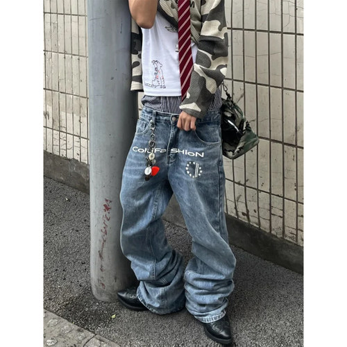 街头风印花字母牛仔裤男夏季vibe美式直筒Skinny叠堆穿搭微喇裤子