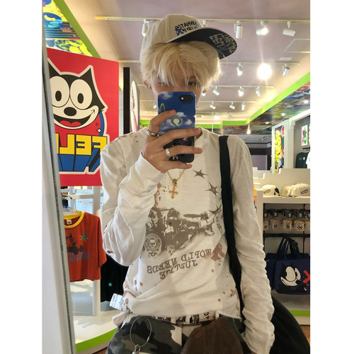 美式亨利领长袖t恤男女秋季复古水洗做旧上衣设计感内搭打底上衣
