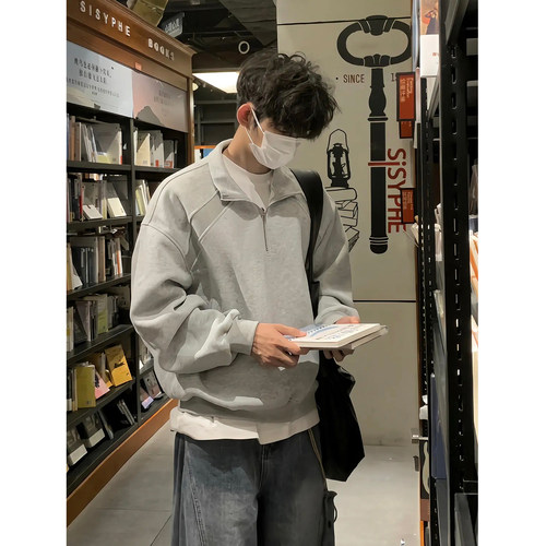 秋季螺纹结构半拉链立领长袖卫衣男cleanfit潮牌美式boxy套头上衣