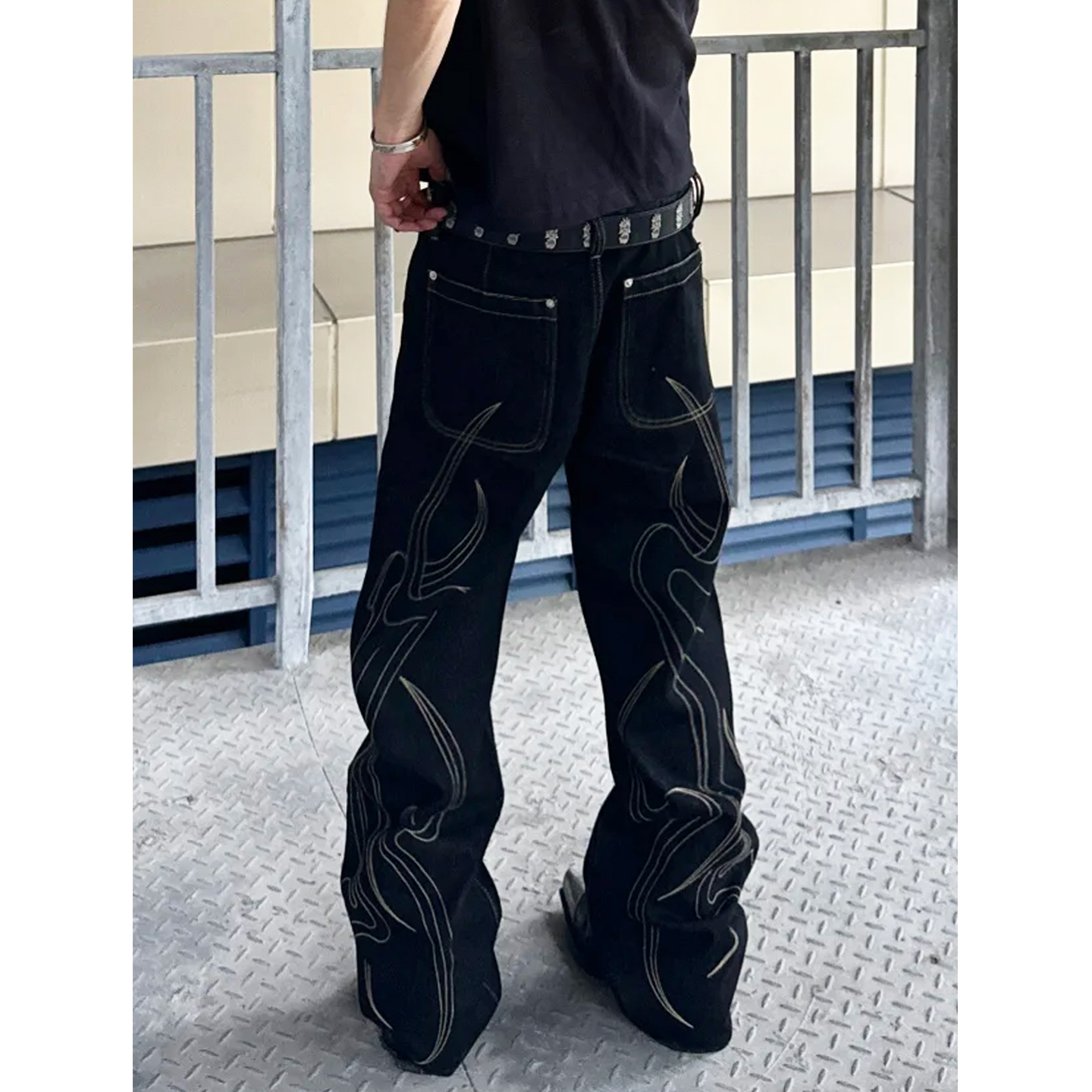 小众图腾明线刺绣丹宁原牛水洗牛仔裤男女款设计感宽松美式阔腿裤