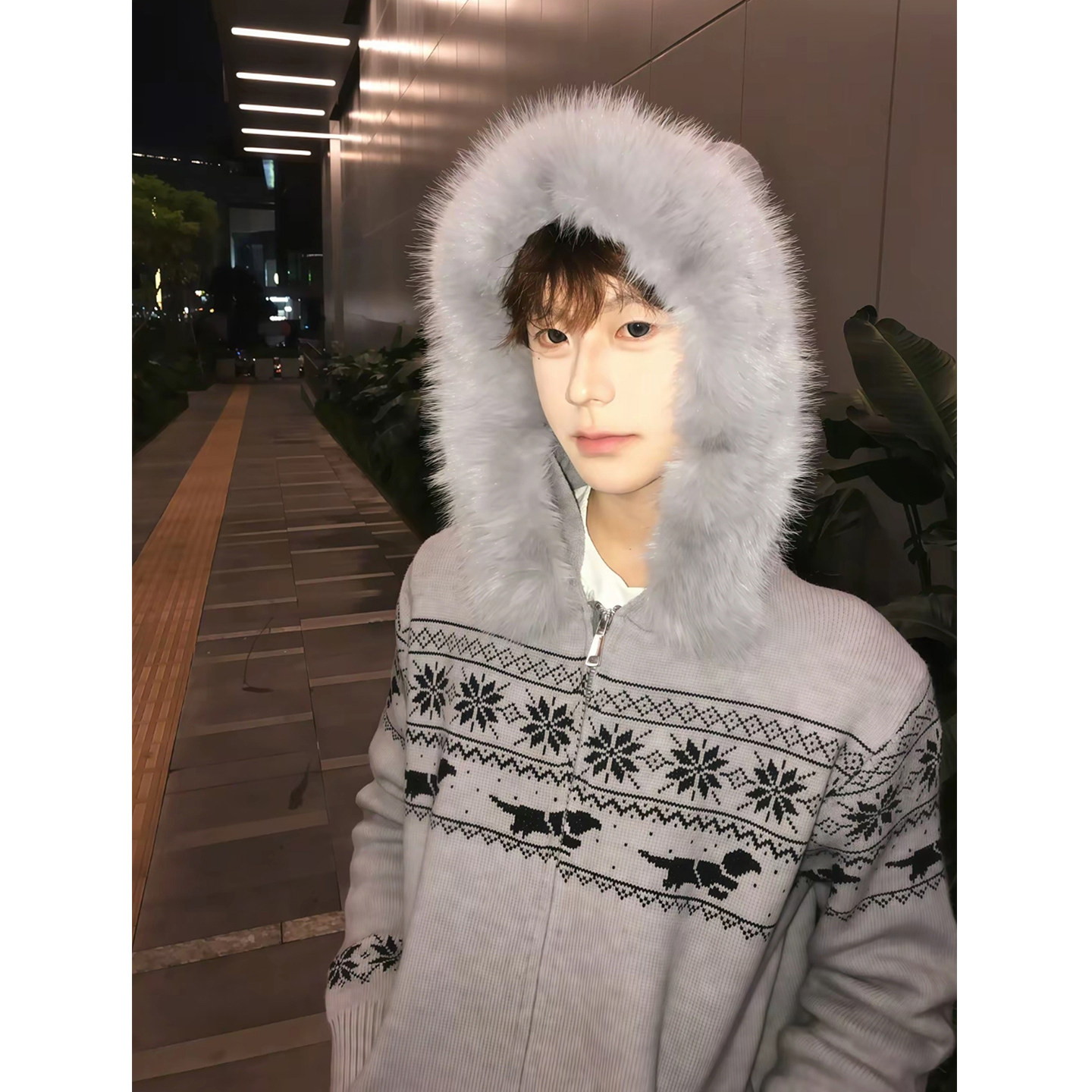 小狗提花费尔岛风大毛领连帽针织衫男女款秋冬季美式宽松拉链毛衣