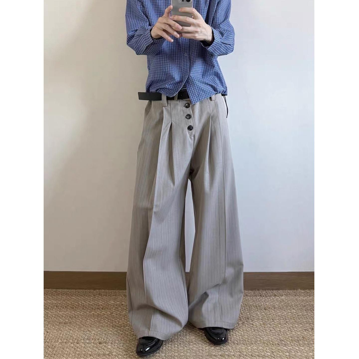 老钱卡其色条纹排扣西裤男款TR混纺垂感宽松cleanfit阔腿休闲裤子