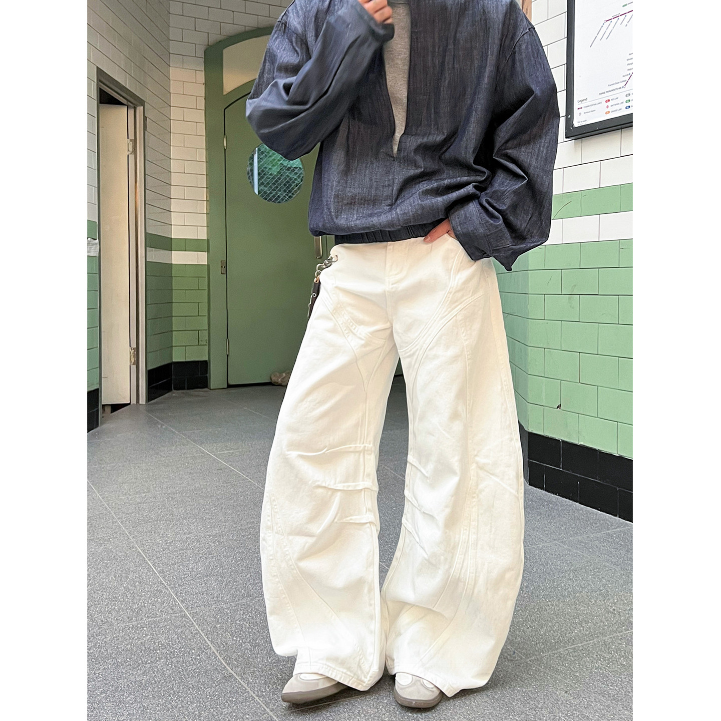 美式复古白色解构工装弯刀牛仔裤男女宽松廓形无性别cleanfit裤子