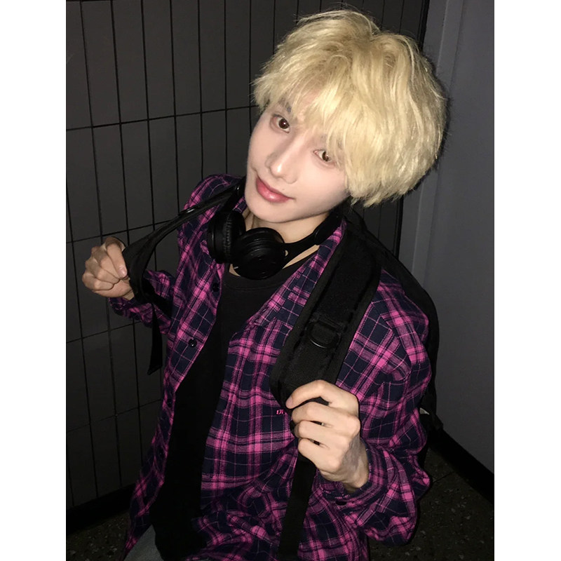 玫红格衬衫男女长袖春秋薄宽松休闲美式复古少年宽松简约格子衬衣