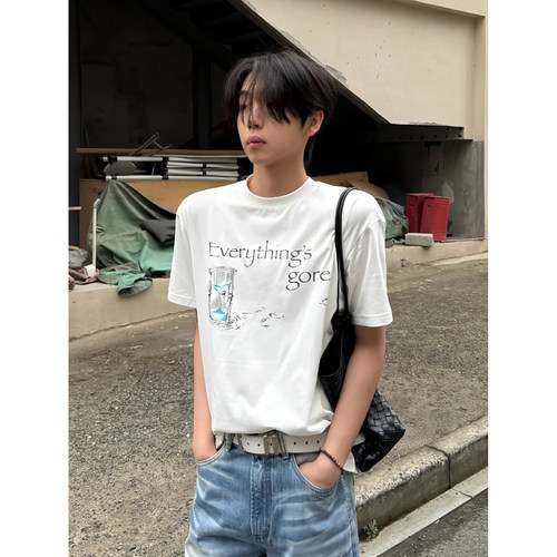 「Everything's gone」标语时间流逝沙漏印花索罗娜短袖t恤男夏季
